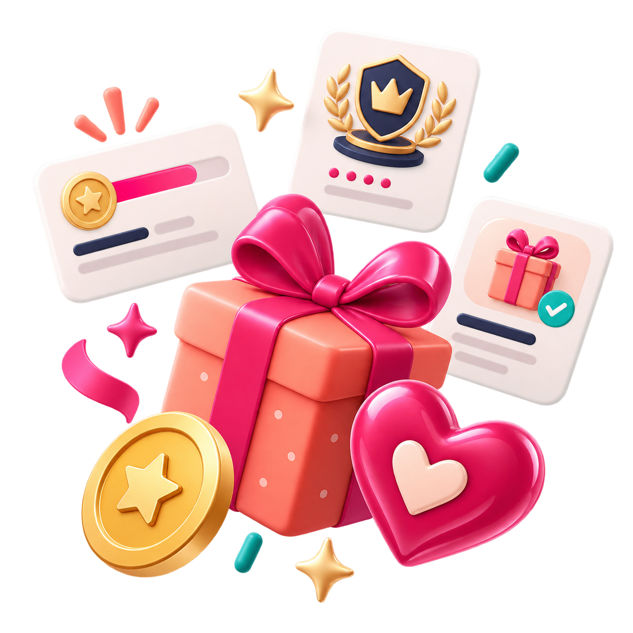 A gift, reward points, VIP status, and loyalty milestones floating together