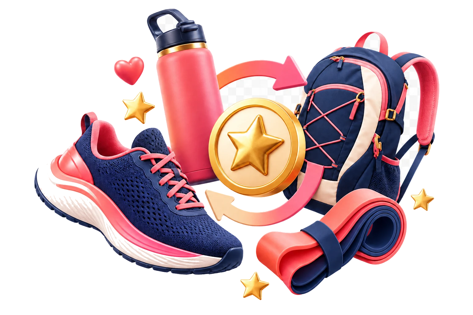 Fitness and outdoor gear connected by loyalty and progress symbols